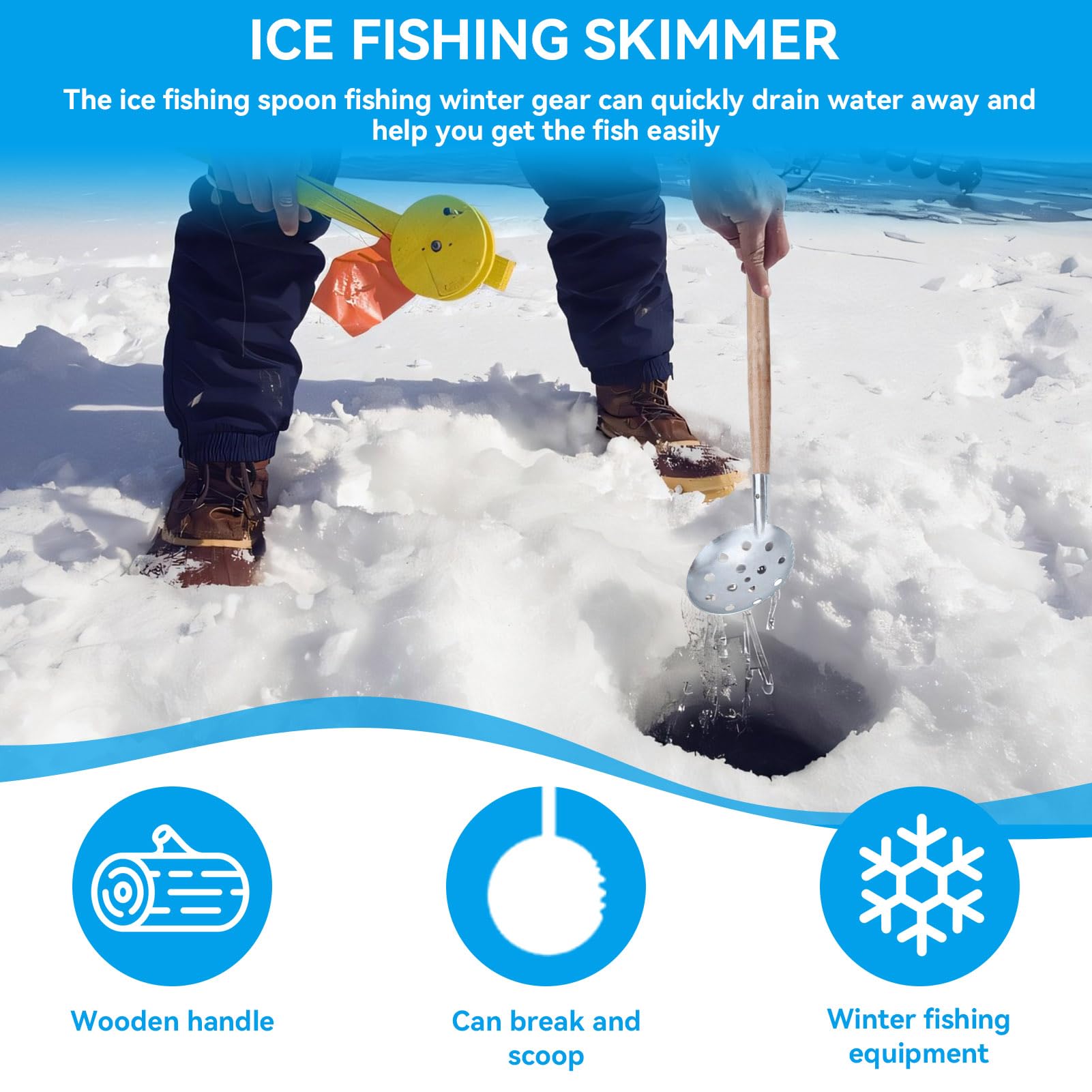 Winter ice fishing setup featuring the ice scooper
