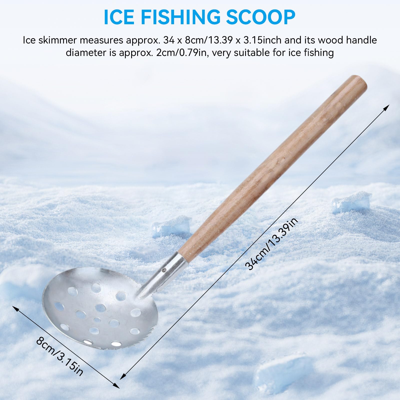 Side view of ice scooper showing wooden handle for winter ice fishing