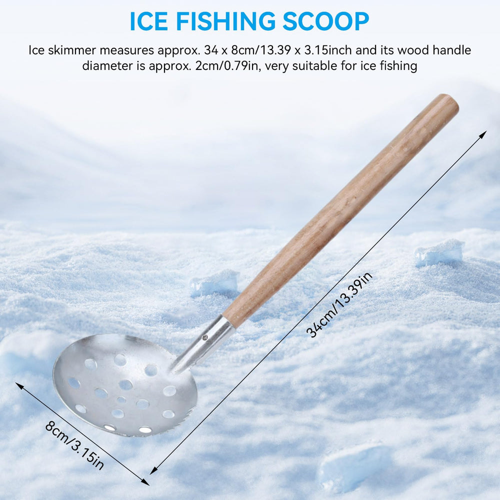 Side view of ice scooper showing wooden handle for winter ice fishing