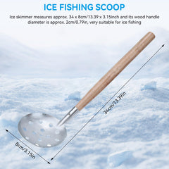 Side view of ice scooper showing wooden handle for winter ice fishing