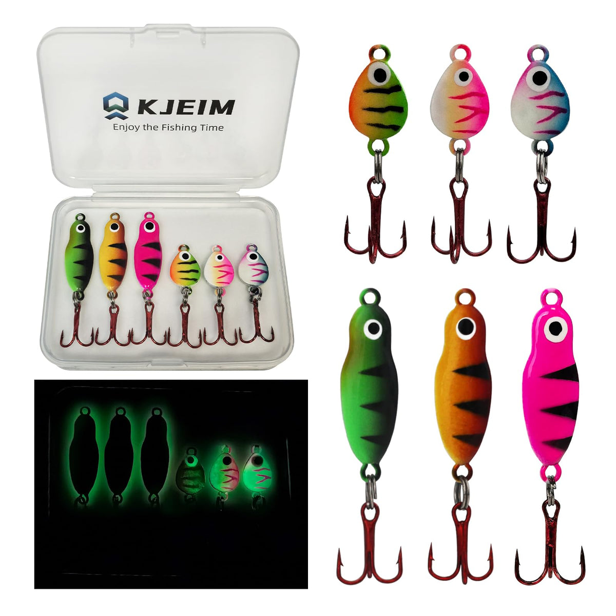 Glow-in-the-dark ice fishing jig set front view (6 pcs)