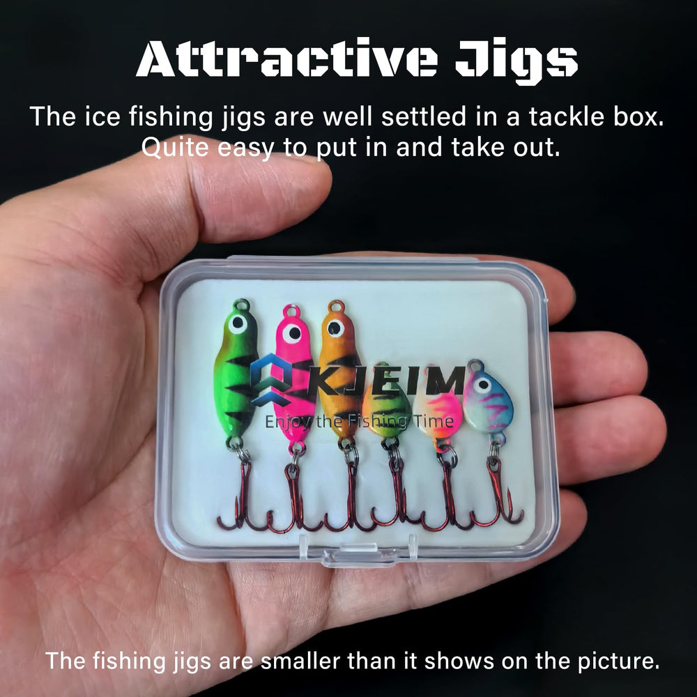 Ice fishing jigs stored in EVA storage box