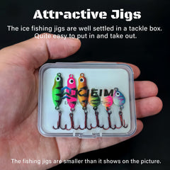 Ice fishing jigs stored in EVA storage box