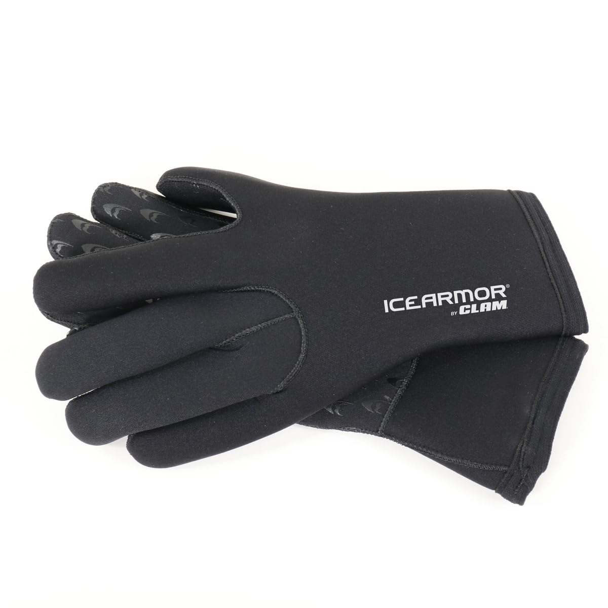 ICEARMOR Clam neoprene gloves show waterproof grip for ice fishing and wet conditions.