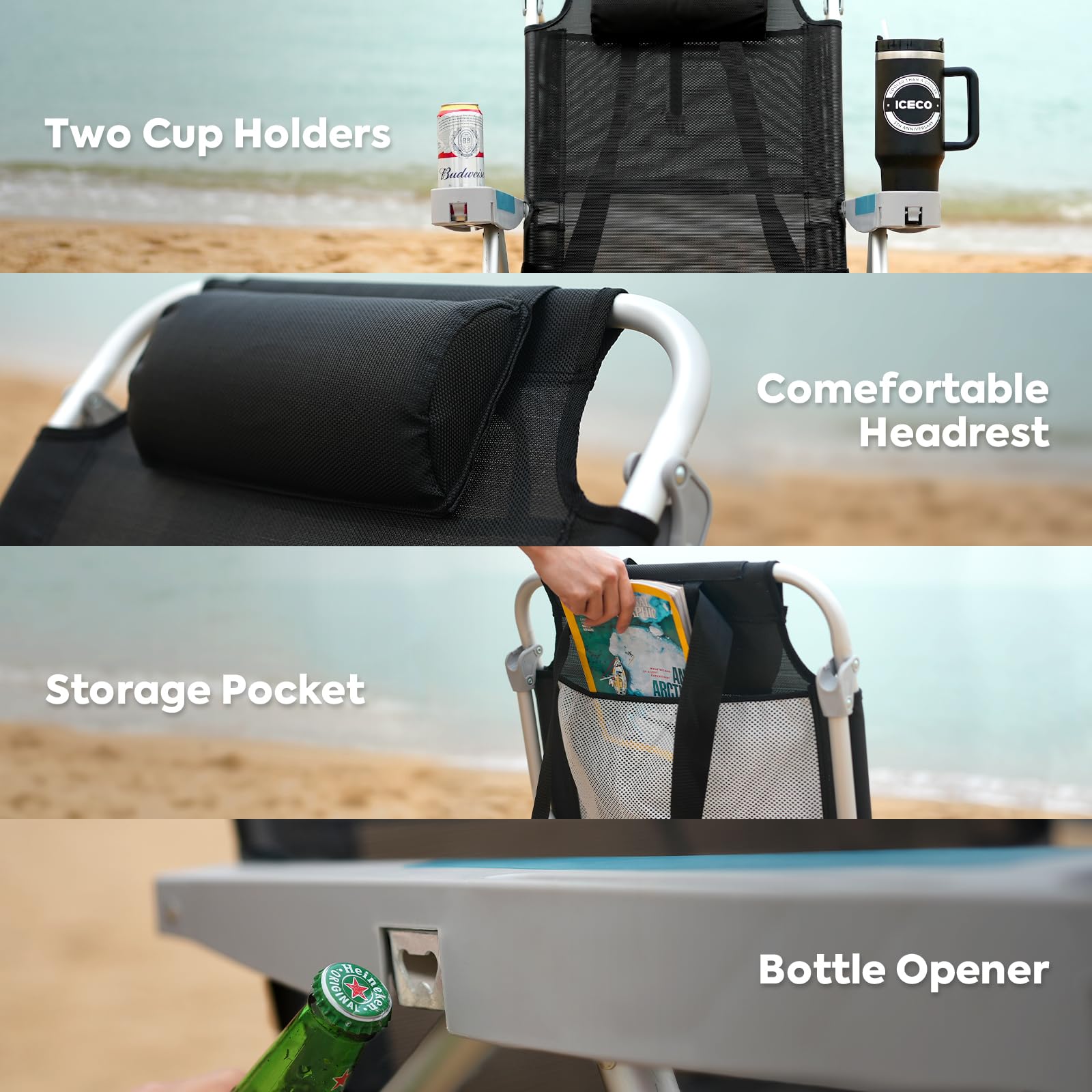 ICECO chair features pillow, towel bar, and storage bag for convenience
