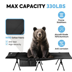 ICECO camping cot adults low-mode shows low-profile setup on sand or hard ground.