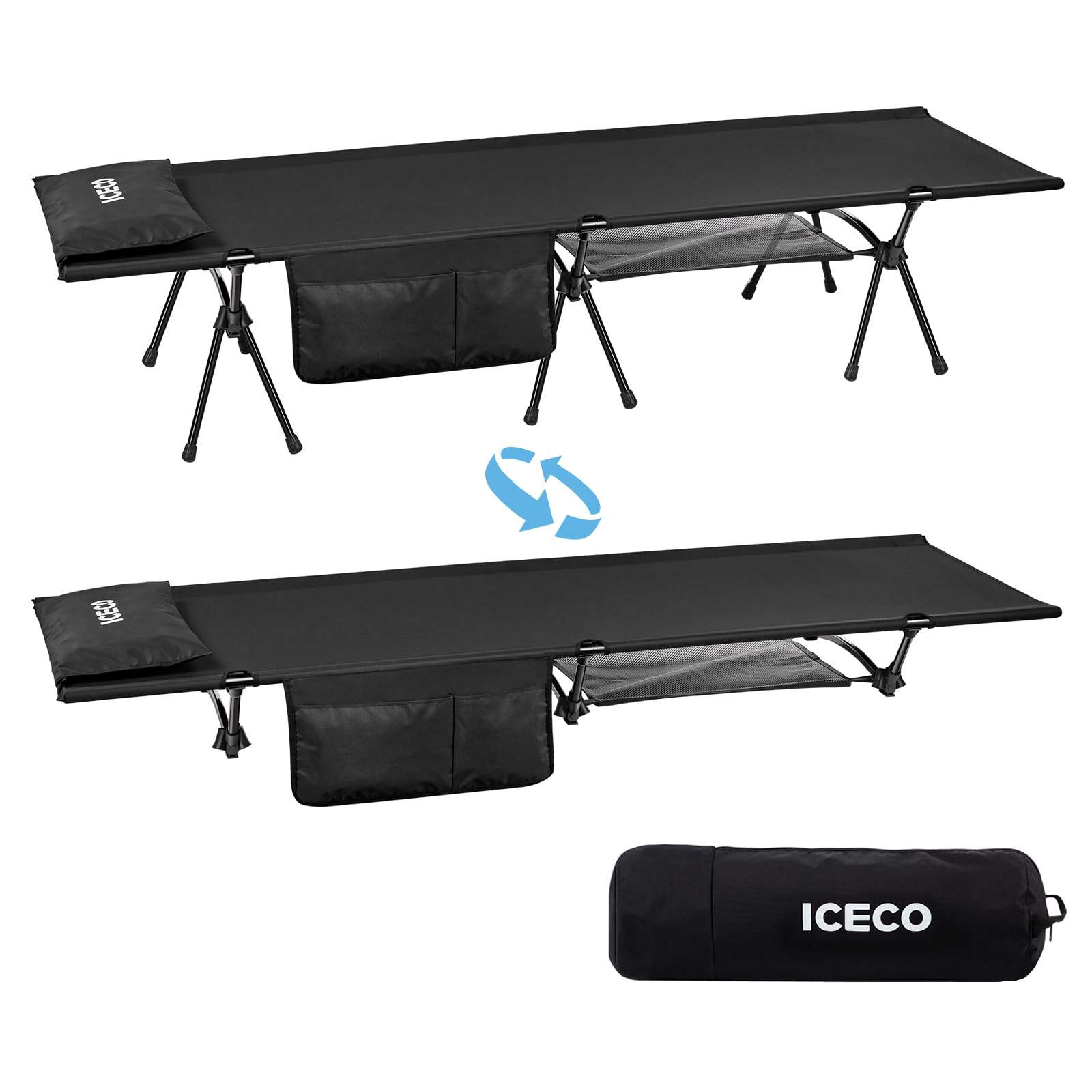 ICECO camping cot adults setup shows quick, tool-free assembly for on-the-go sleepers.