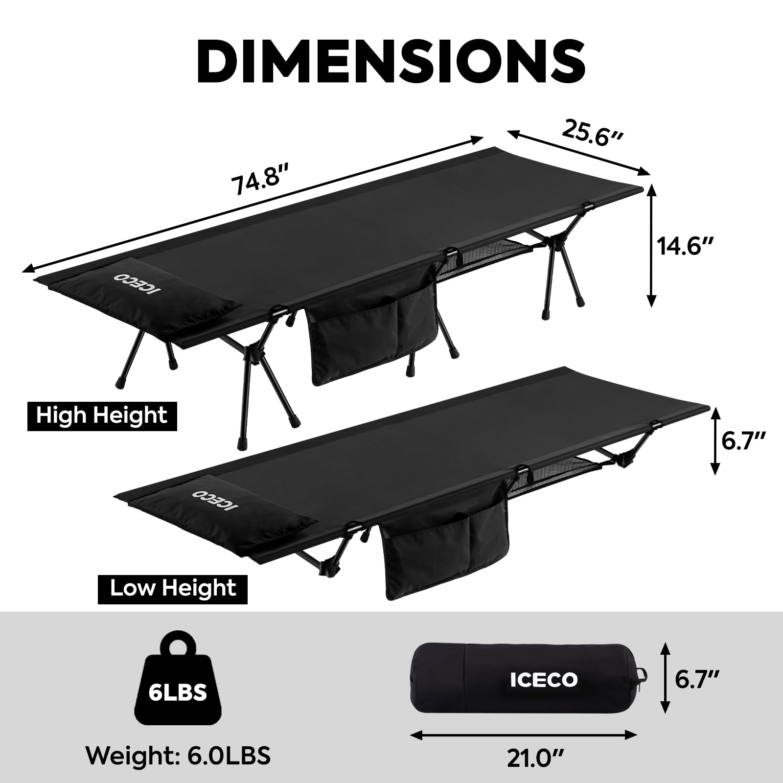 ICECO camping cot adults structure highlights triangular stability for secure resting.