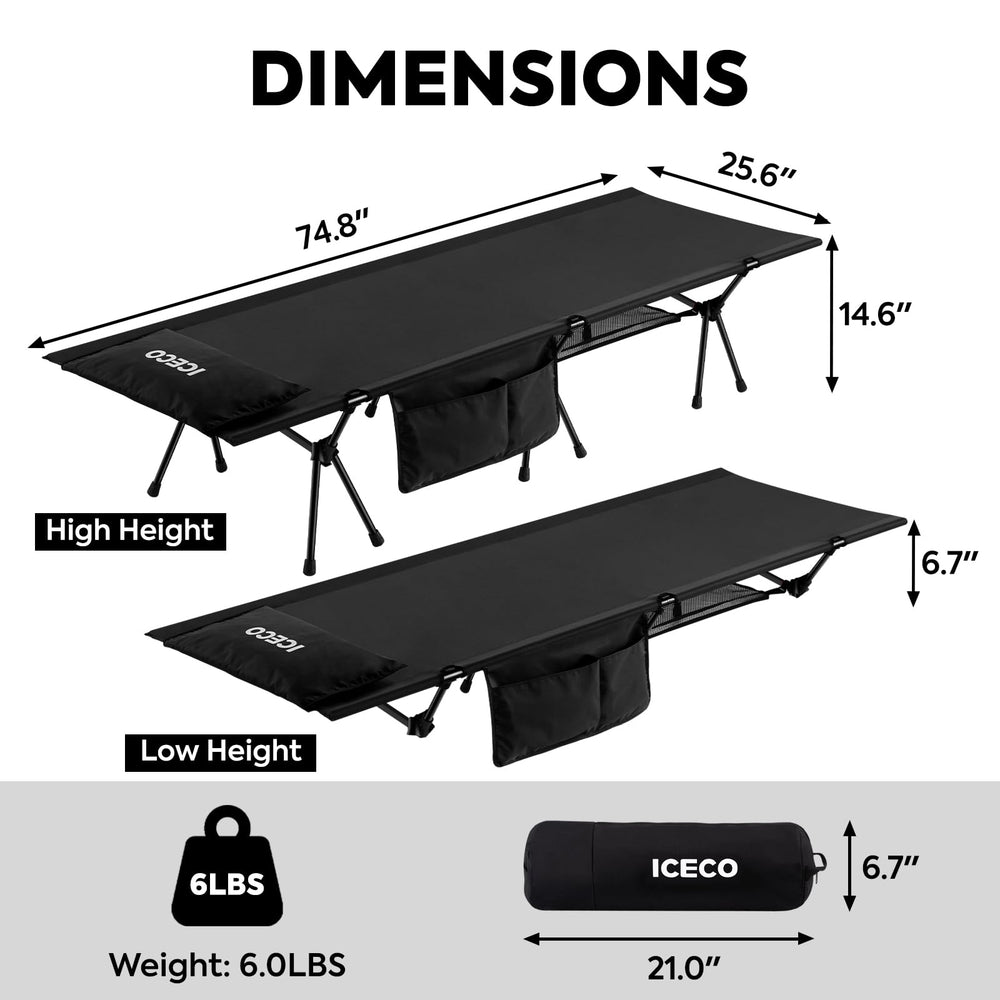 ICECO camping cot adults structure highlights triangular stability for secure resting.