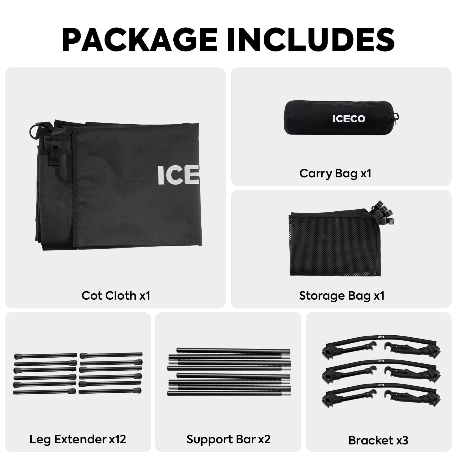 ICECO camping cot side pocket storage keeps essentials within reach.