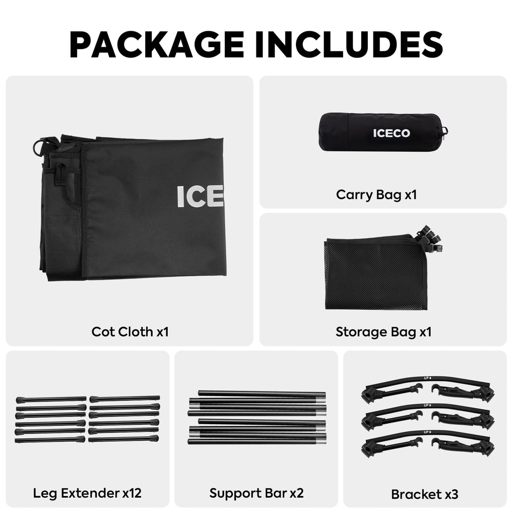 ICECO camping cot side pocket storage keeps essentials within reach.