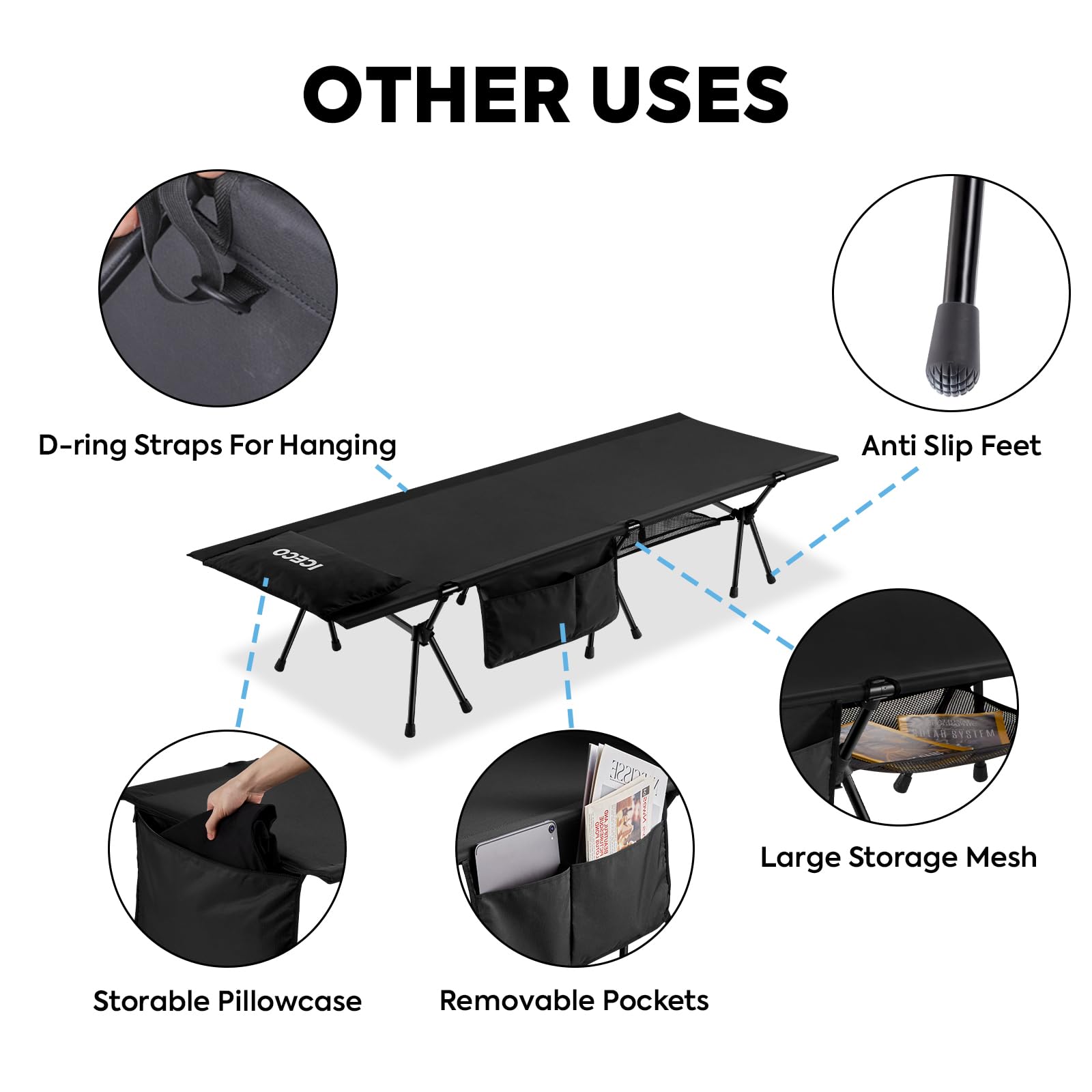 ICECO camping cot ultralight weight highlights portability for backpack trips.
