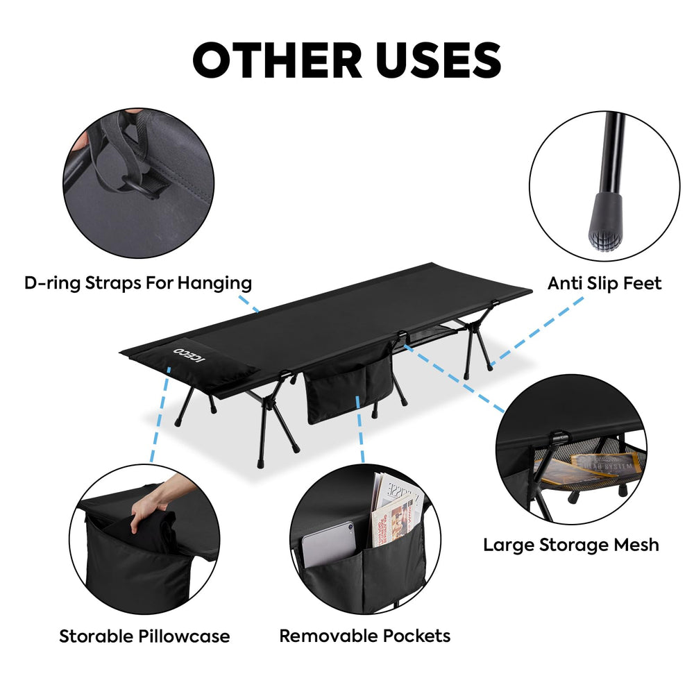 ICECO camping cot ultralight weight highlights portability for backpack trips.