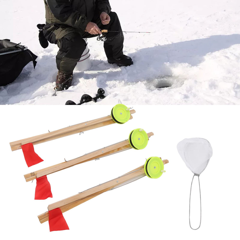 Ice Fishing Flag included net helps manage lines and gear.