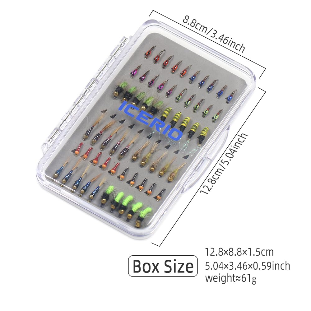 60 hand-tied fly fishing lures for trout and freshwater species - ICERIO kit box