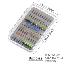 60 hand-tied fly fishing lures for trout and freshwater species - ICERIO kit box