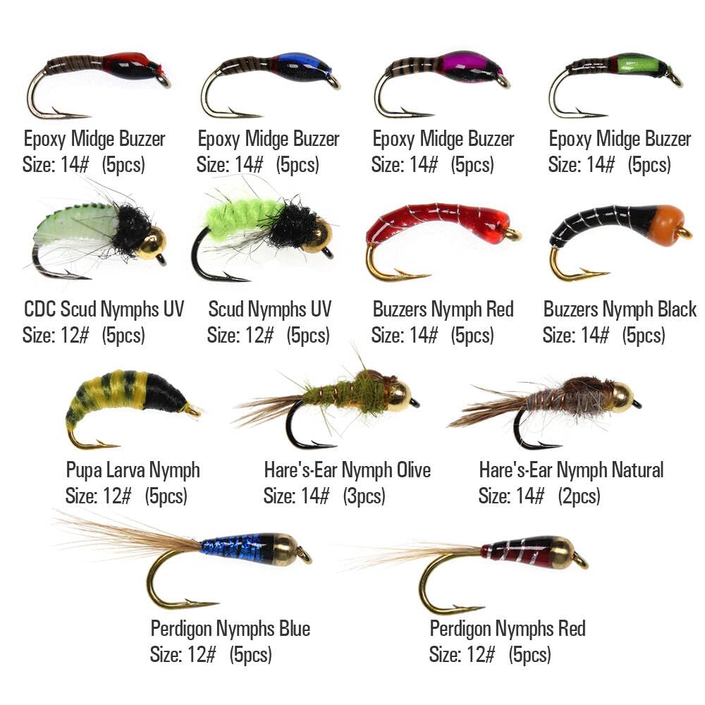 Close up of ICERIO 60 pcs fly assortment with #12 and #14 hooks