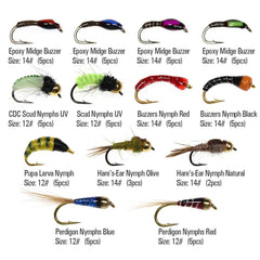 Close up of ICERIO 60 pcs fly assortment with #12 and #14 hooks
