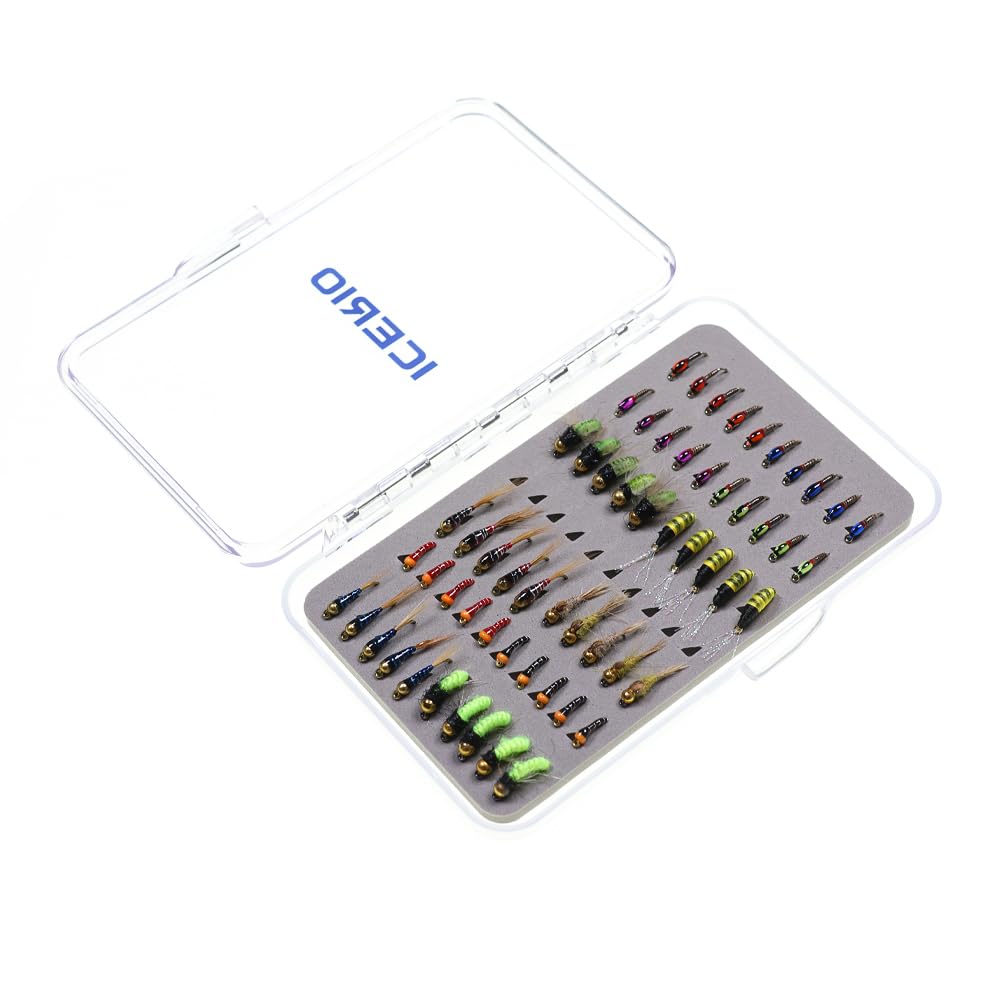 Portable ICERIO fly box with 60 premium flies for on-water use