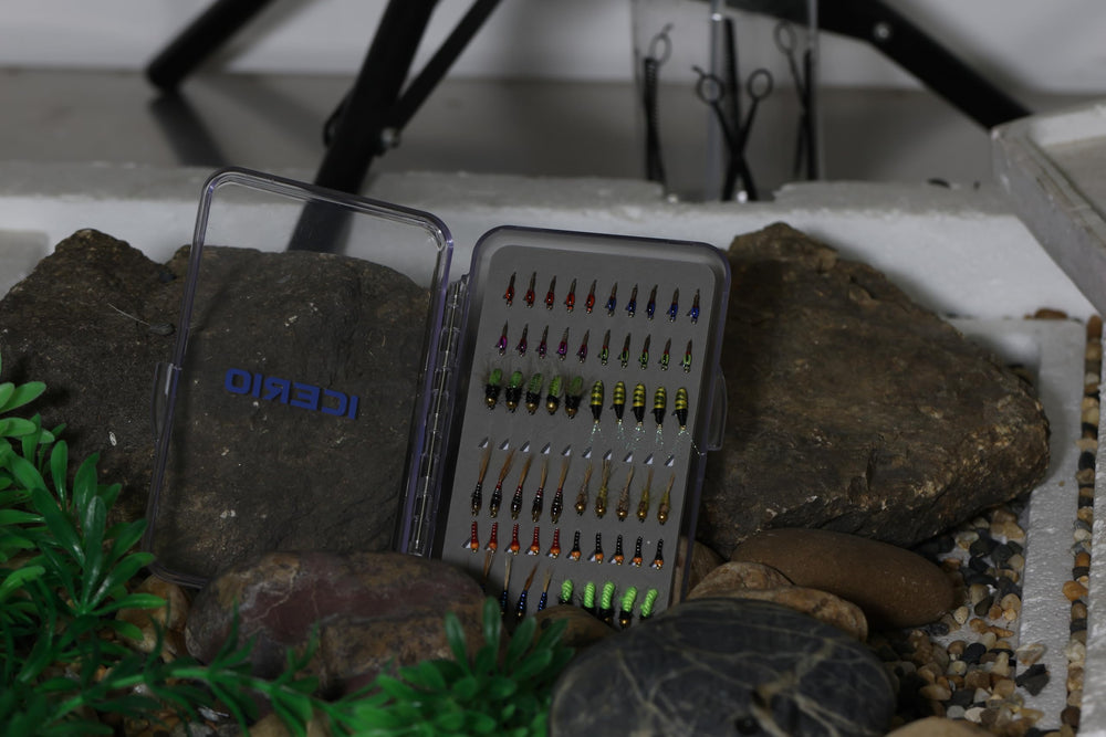 Compact fly box organizer with 60 ICERIO flies for easy access