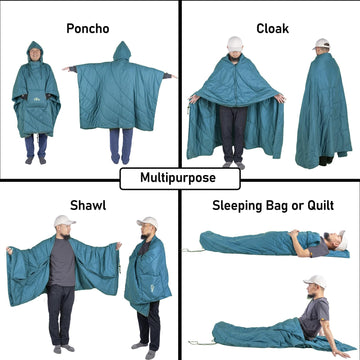 iClimb poncho features detachable hood and hand pockets for warmth.