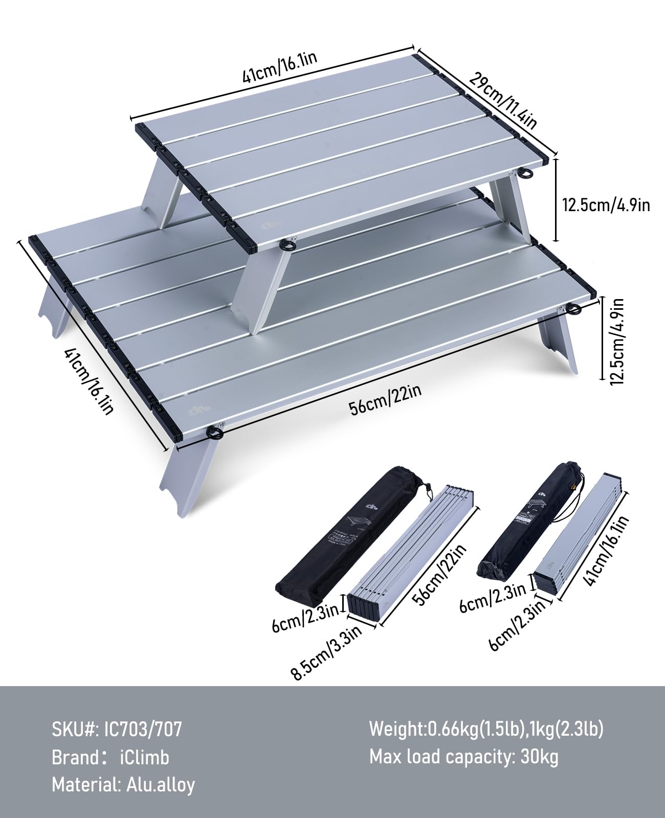 iClimb folding table aluminum 6063 highlights durable, corrosion-resistant surface for rugged trips.