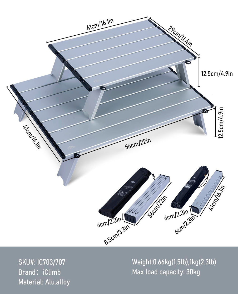 iClimb folding table aluminum 6063 highlights durable, corrosion-resistant surface for rugged trips.