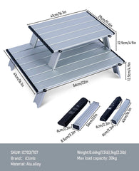 iClimb folding table aluminum 6063 highlights durable, corrosion-resistant surface for rugged trips.