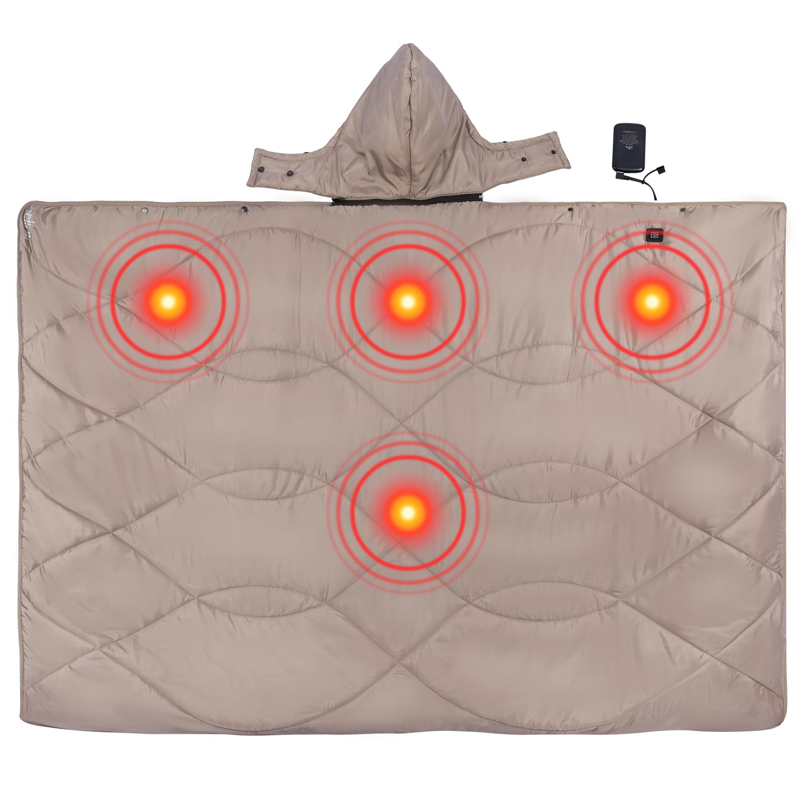 iClimb heated camping blanket with detachable hood ready for campsite warmth.