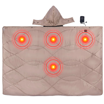 iClimb heated camping blanket with detachable hood ready for campsite warmth.