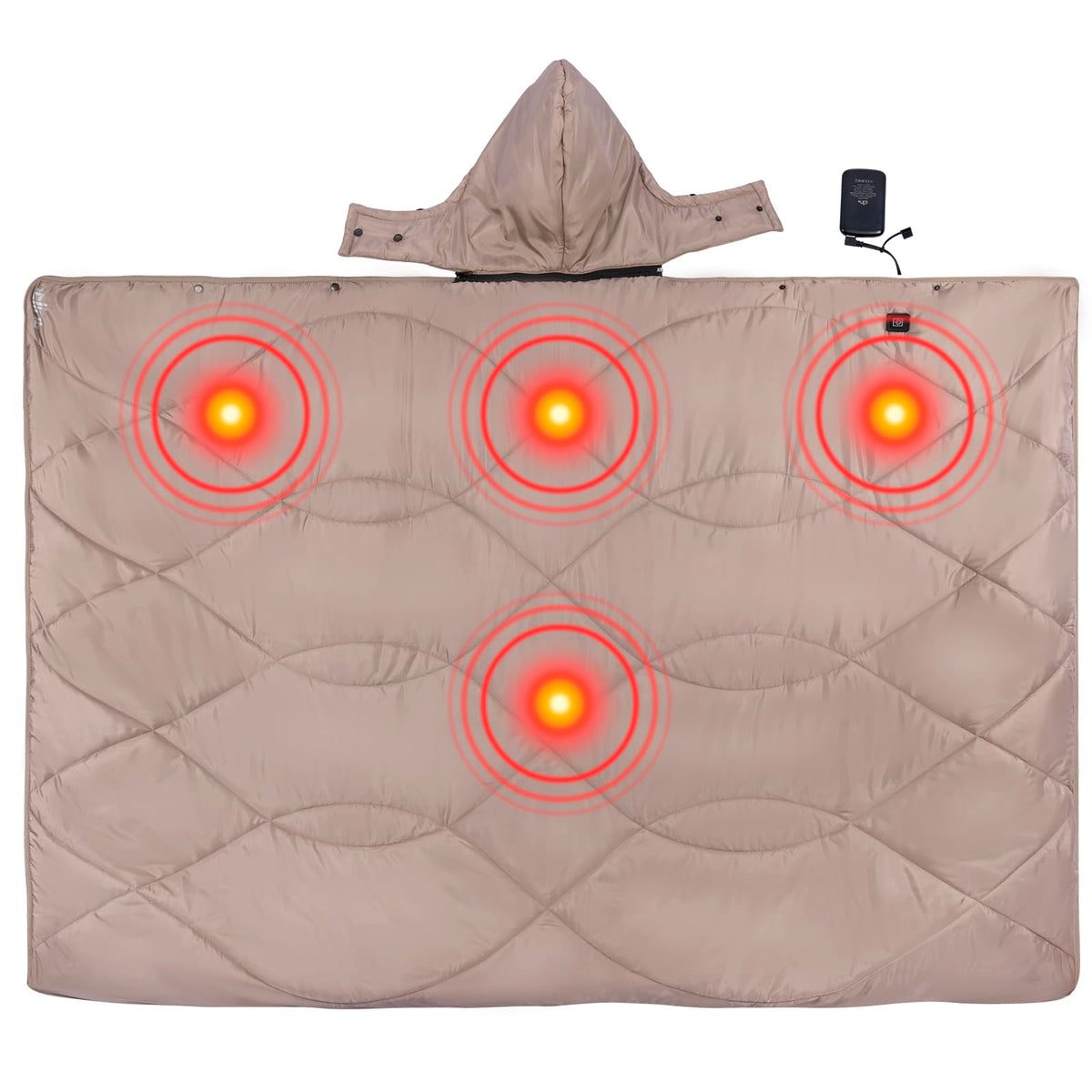 iClimb heated camping blanket with detachable hood ready for campsite warmth.