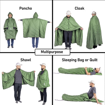 iClimb hooded poncho with green hood up for windproof outdoor comfort