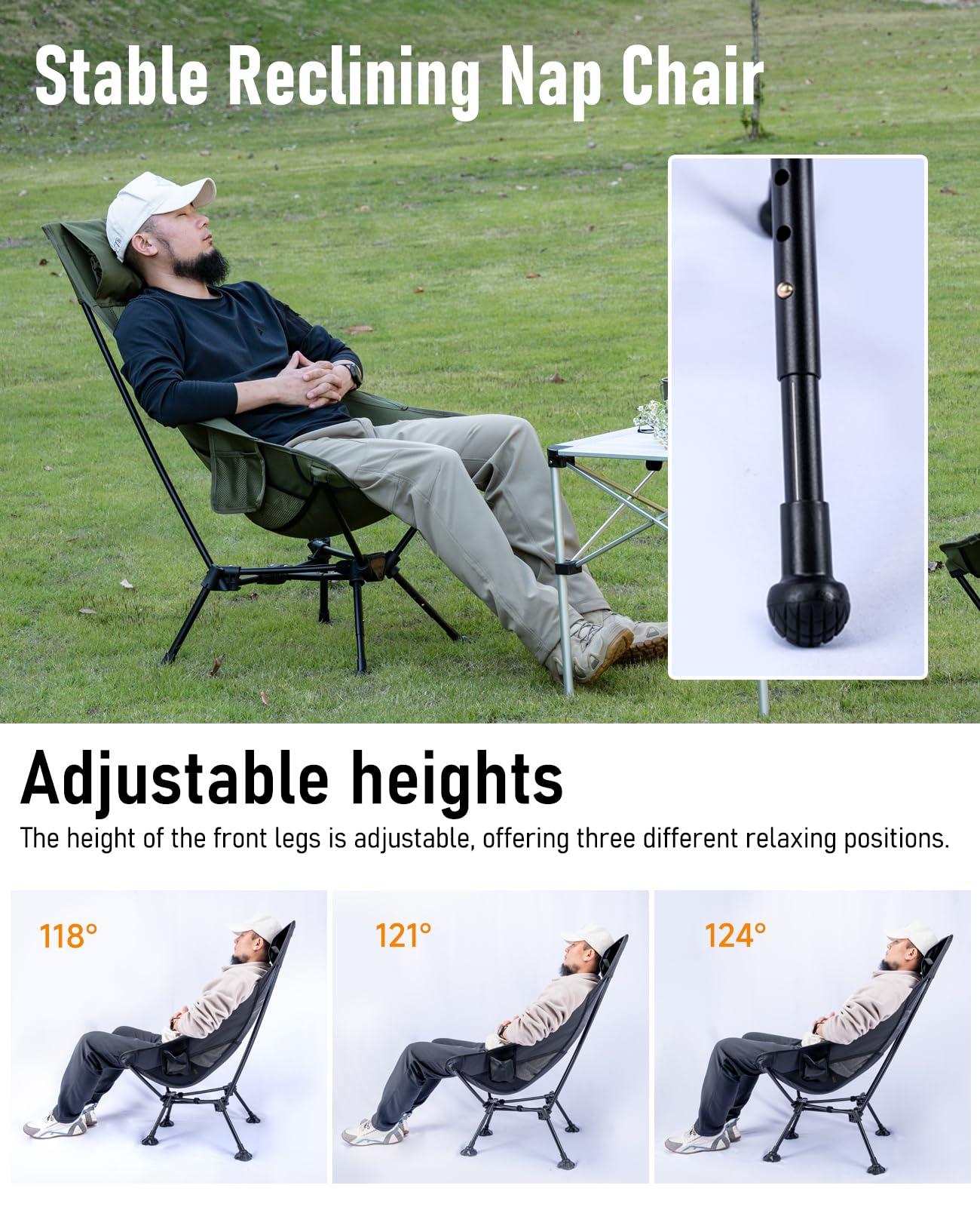 iClimb Ultralight chair front leg adjustment showing three positions