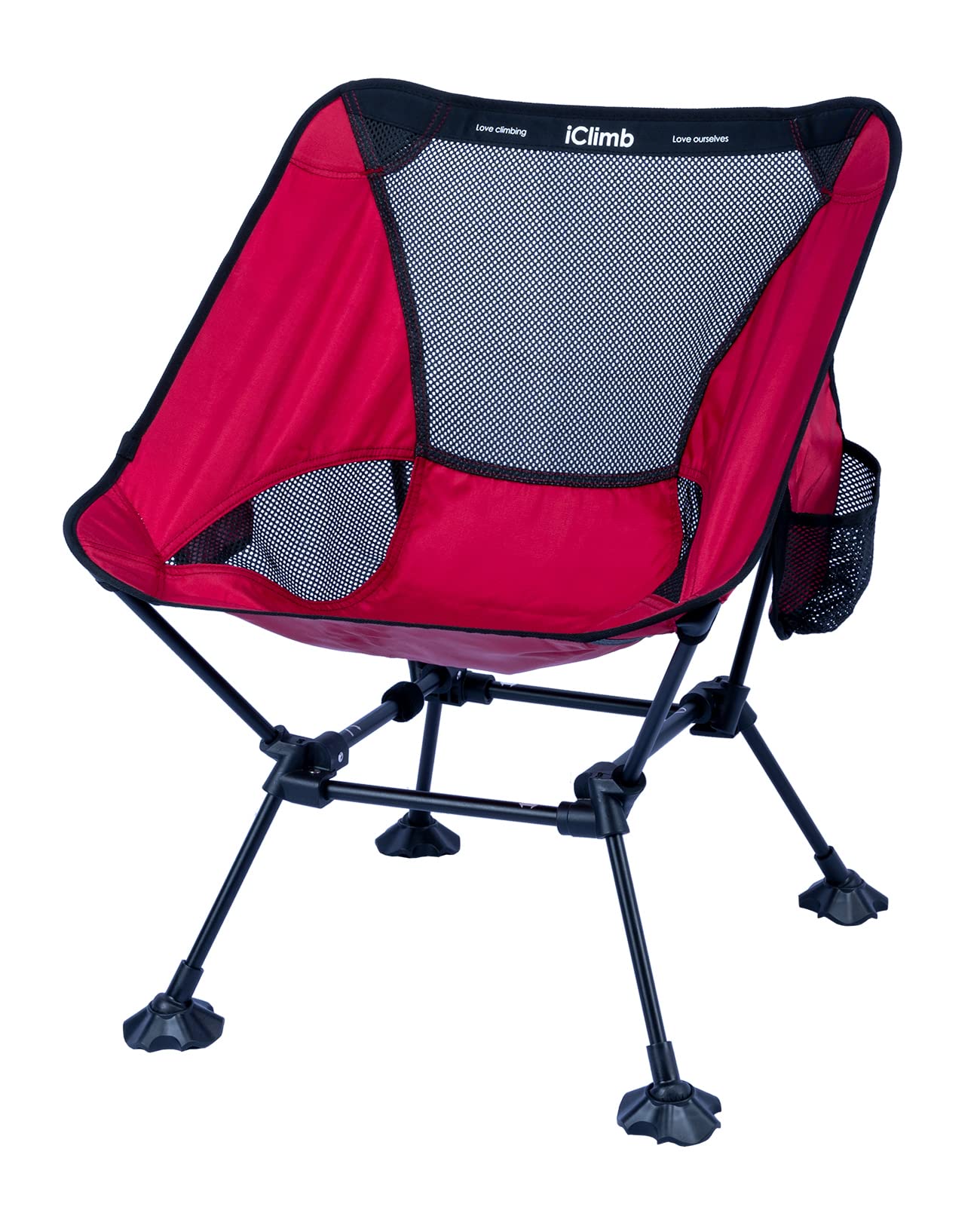 iClimb Ultralight Compact Camping Chair in red with square frame for stable beach seating