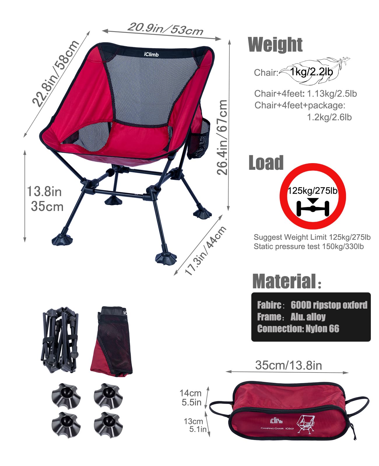iClimb Ultralight Compact Camping Chair with lightweight aluminum frame