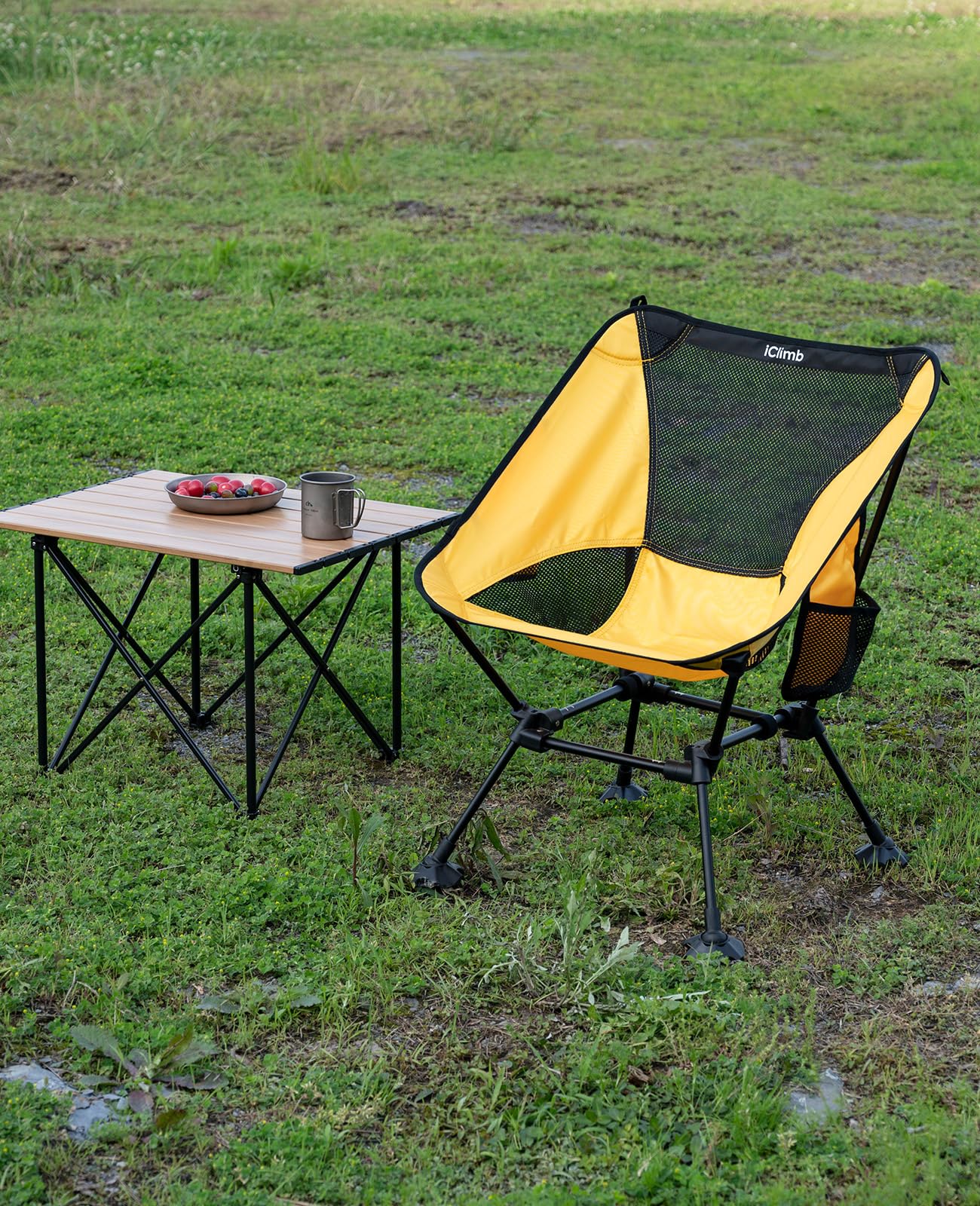 iClimb Ultralight chair side view highlights portable yellow frame