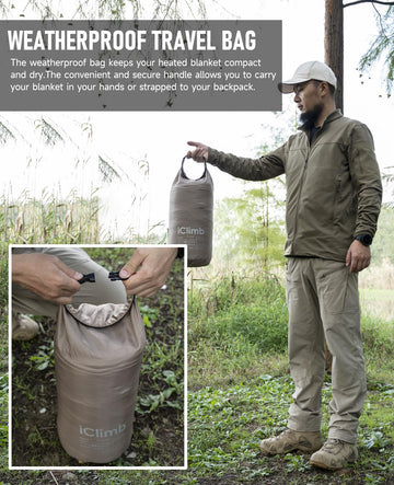 iClimb ultralight blanket packs into a compact carry bag.