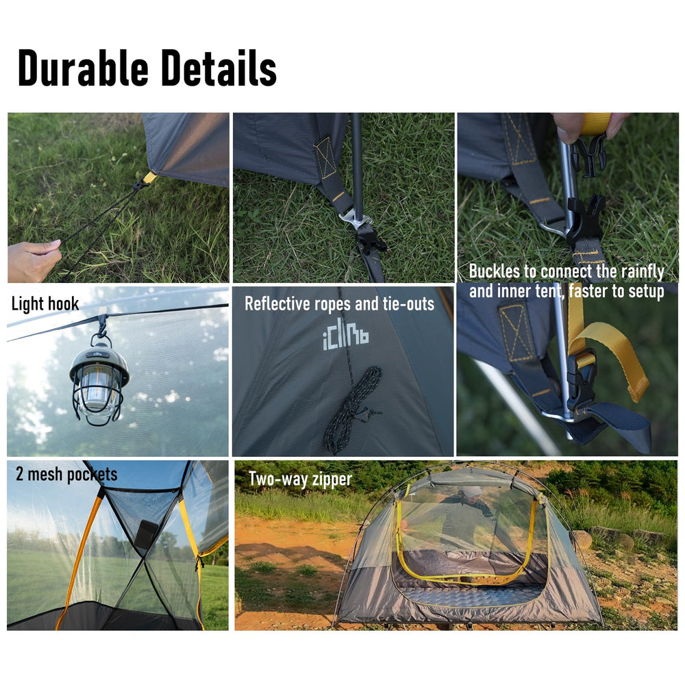 iClimb Ultralight 4-Season Solo Tent aluminum poles provide stable wind support
