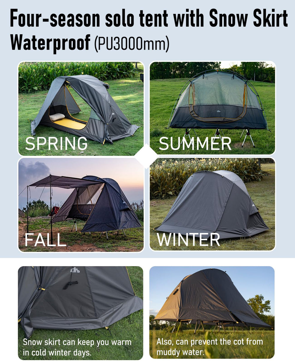 iClimb Ultralight 4-Season Solo Tent ground-off-ground setup with cot compatibility