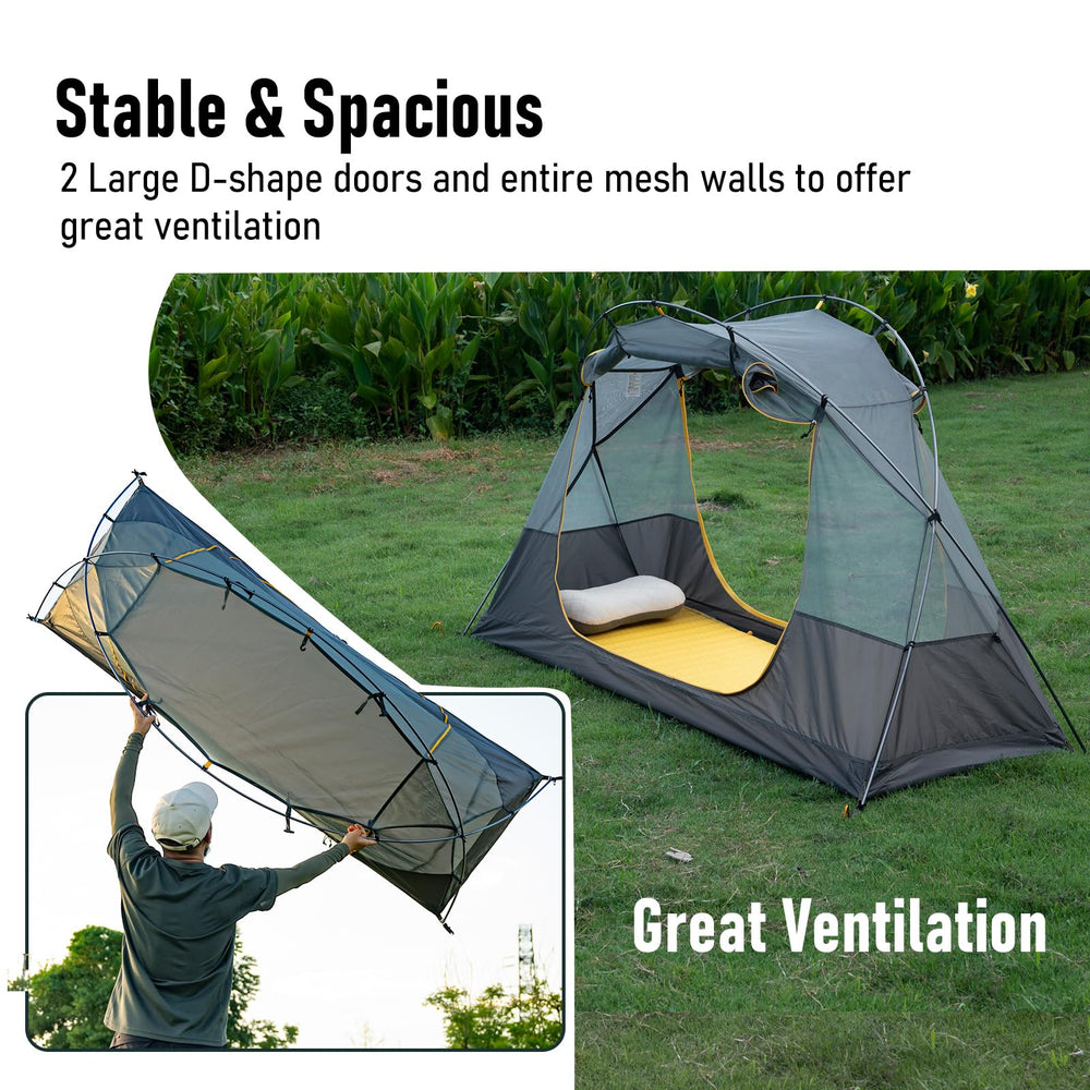 iClimb Ultralight 4-Season Solo Tent snow skirt in winter terrain highlights warmth and mud protection