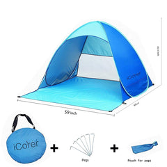 iCorer blue beach tent folded compactly for easy transport