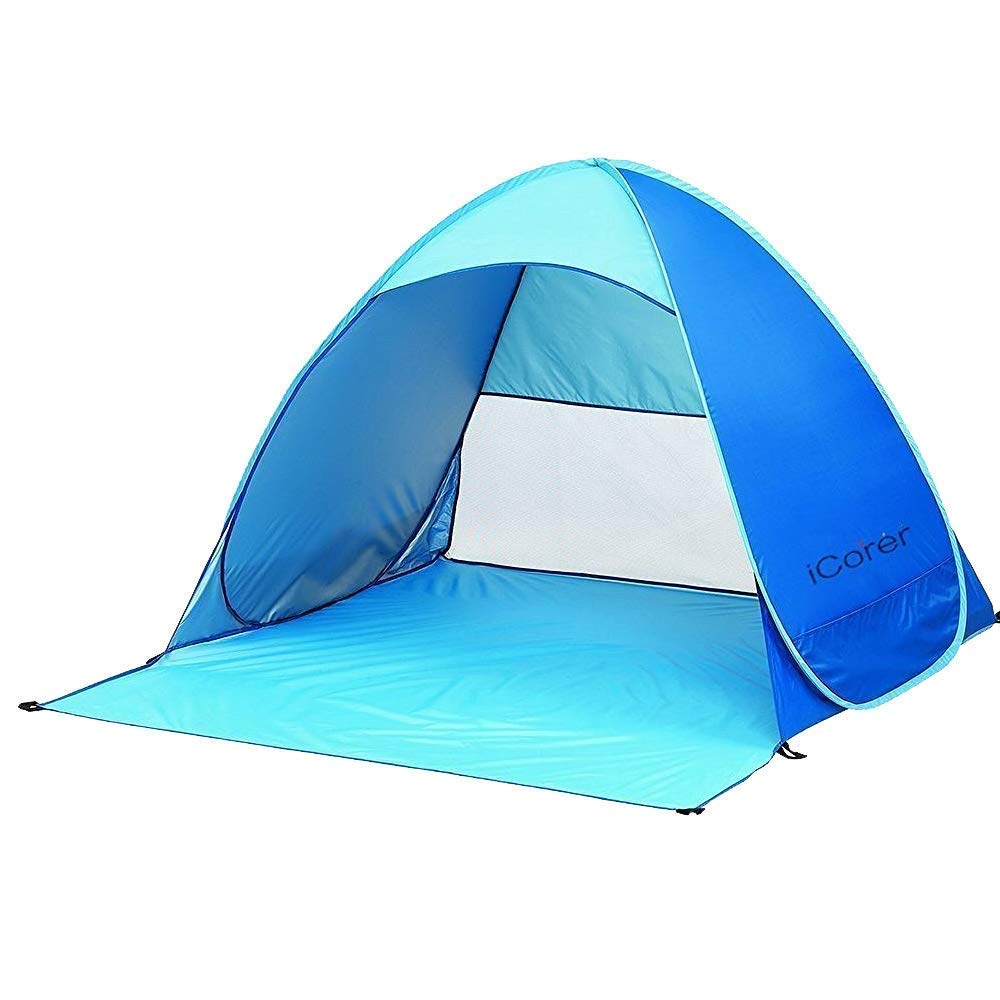 iCorer pop-up beach tent open in blue offering instant shade