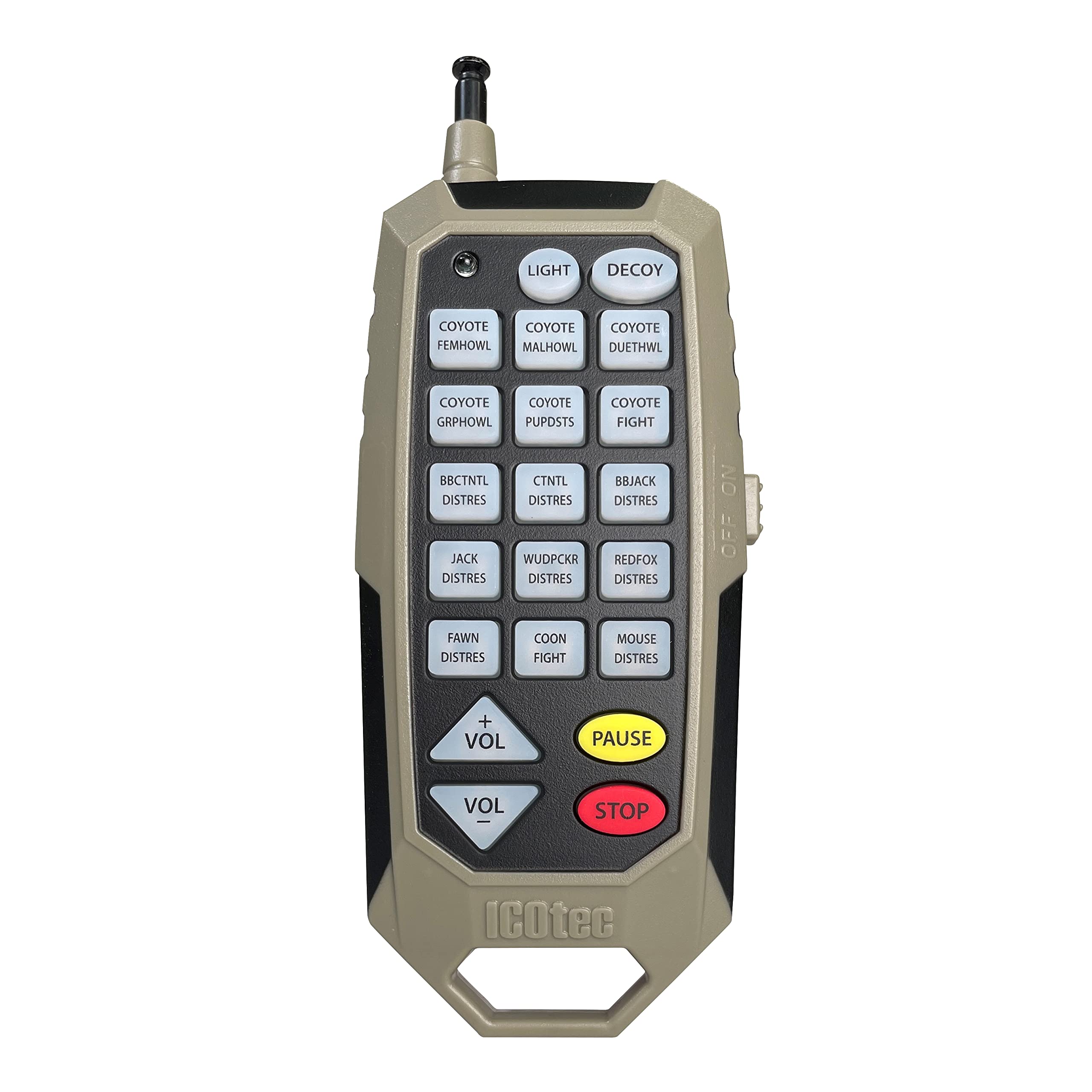 Icotec 300+ Predator Call Bluetooth range visual showing wireless control up to 100 yards.
