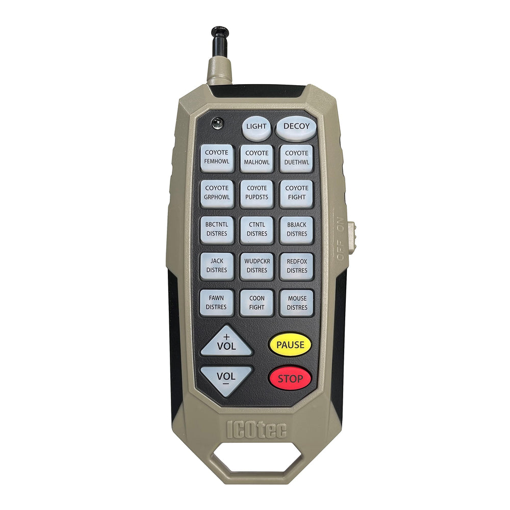 Icotec 300+ Predator Call Bluetooth range visual showing wireless control up to 100 yards.