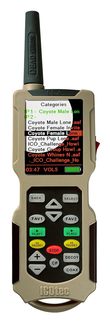 Icotec Outlaw+ 165-sound library display enables varied predator calls.