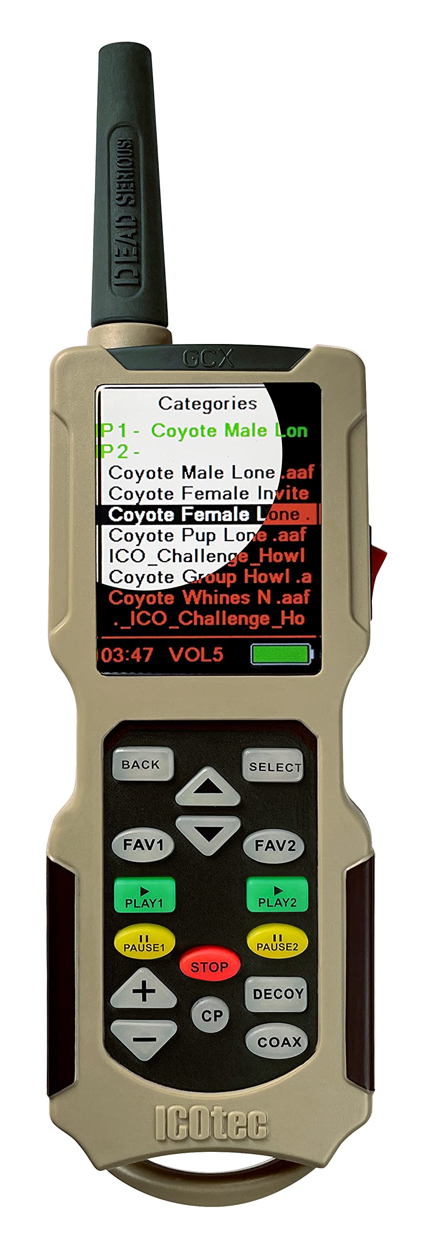 Icotec Outlaw+ 165-sound library display enables varied predator calls.