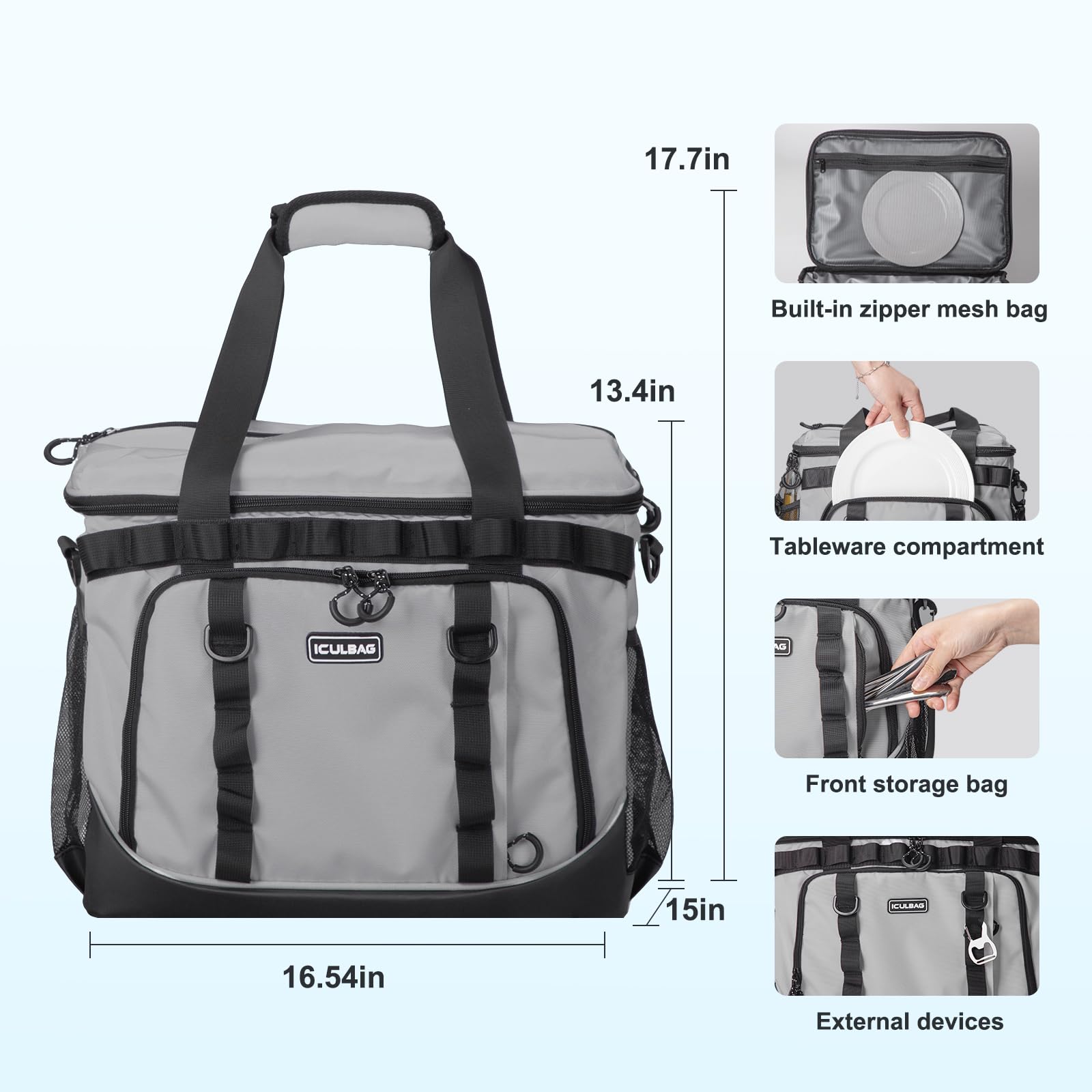 Iculbag insulated lunch bag gray shoulder strap emphasizes portable comfort during travel