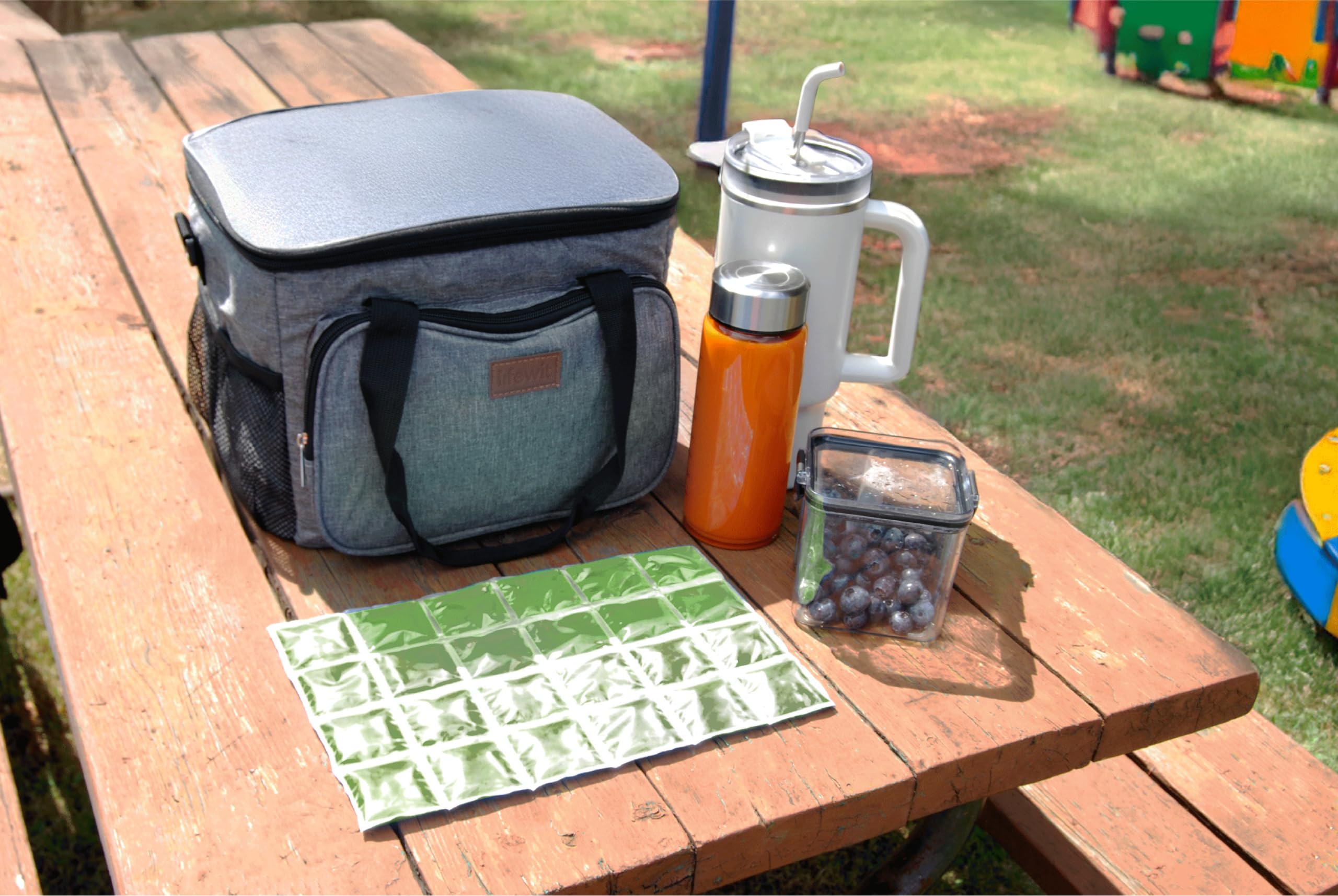 ICY-COOLS green 3-pack ice mats in pantry for keeping beverages cold.