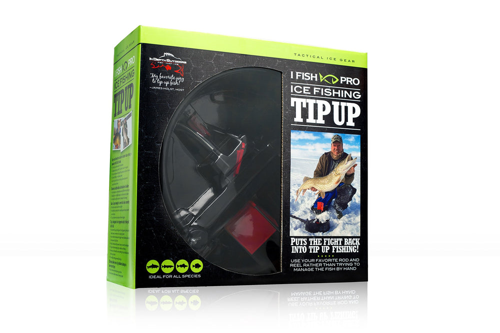 IFISH PRO ice fishing tip-up overview showing rugged base and bright flag for visibility.