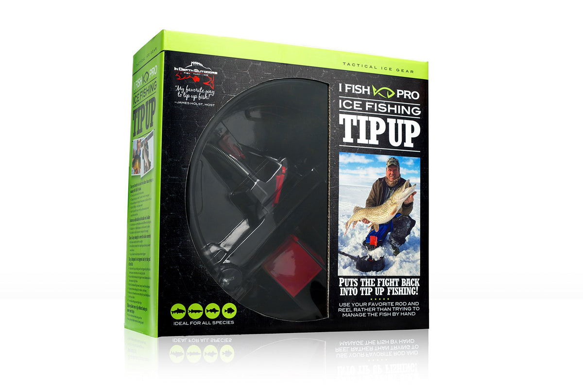 IFISH PRO ice fishing tip-up overview showing rugged base and bright flag for visibility.